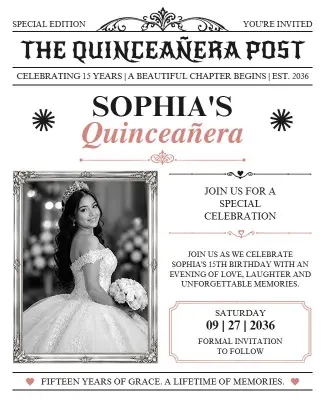 Newspaper Themed Quinceañera Celebration Invitation Flyer Template