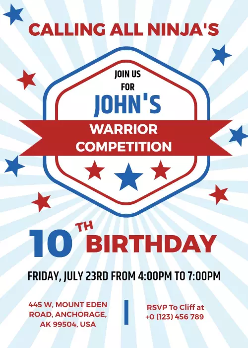 Ninja Warrior Competition 10th Birthday Invitation Template