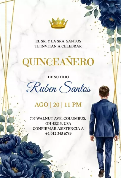 Noble Blue Floral Crown Quinceanera Celebration Invitation Template