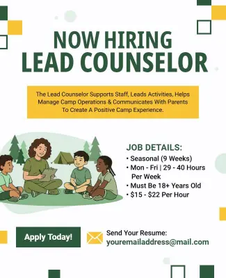 Now Hiring Camp Lead Counselor Poster Template