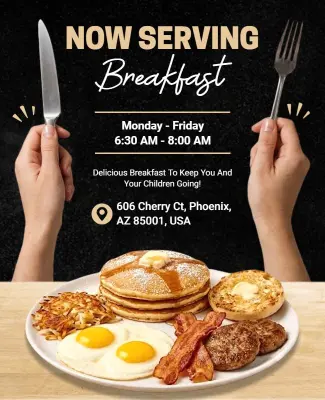 Now Serving Breakfast Announcement Flyer Template