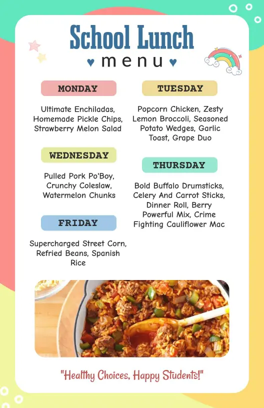 Nutritious School Lunch Selections Featuring Tasty Meals Menu Template