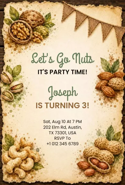 Nutty Sweet 3rd Birthday Party Celebration Invitation Template