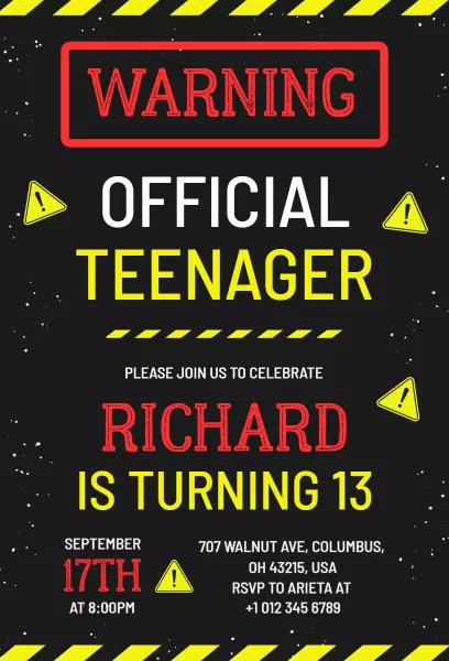 Official Teenager Warning 13th Birthday Celebration Invitation Template
