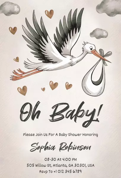 Oh Baby Stork Illustrated Baby Shower Invitation Template
