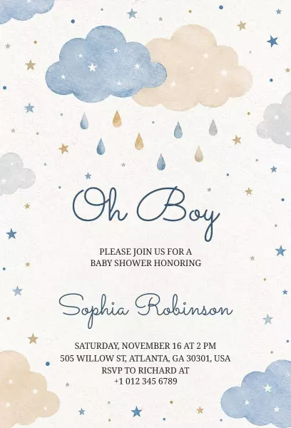 Oh Boy Clouds Themed Baby Shower Celebration Invitation Template