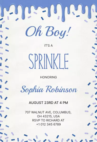 Oh Boy Cute Blue Baby Sprinkle Celebration Invitation Template