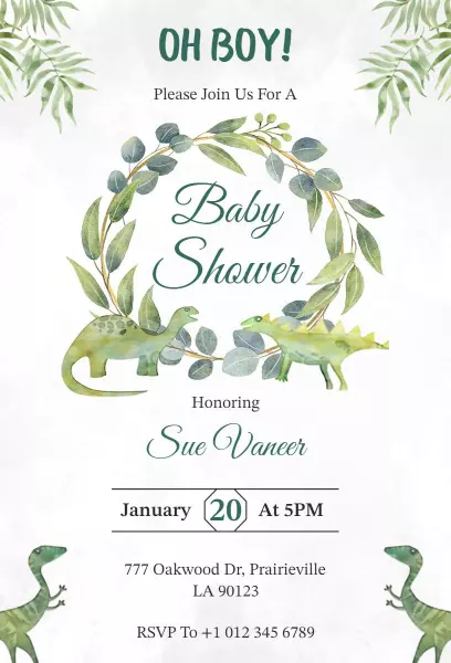 Oh Boy Dinosaur Theme Baby Shower Celebration Invitation Template