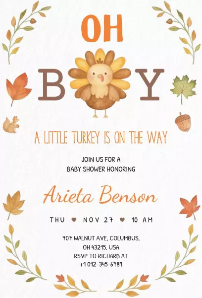Oh Boy Turkey Themed Fall Baby Shower Invitation Template