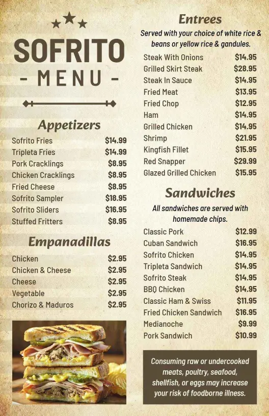 Old-Fashioned Rustic Sofrito Specialties Menu Template