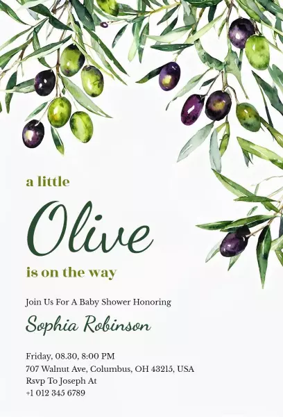 Olive Branch Themed Baby Shower Celebration Invitation Template