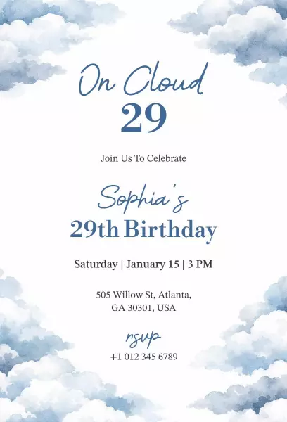 On Cloud Theme Sky Blue 29th Birthday Celebration Invitation Template