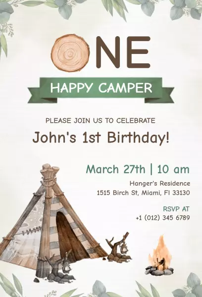 One Happy Camper Camping Birthday Celebration Invitation Template