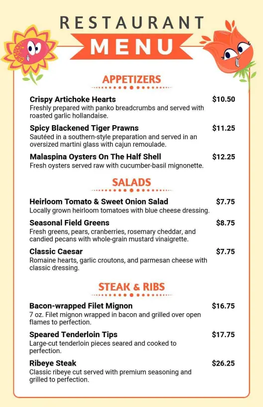 Orange and Yellow Floral Themed Restaurant Menu Template