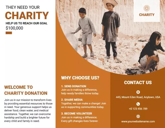 Orange Charity Donation Fundraising and Volunteer Brochure Template