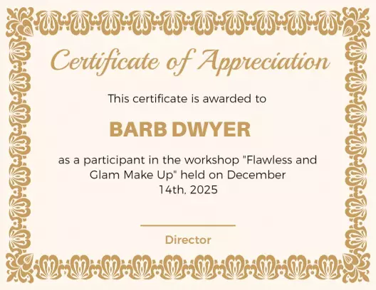 Ornate Gold Flawless and Glam Make Up Workshop Certificate Template