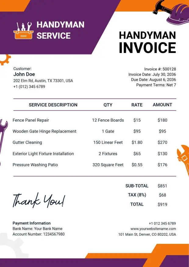 Outdoor Repair and Maintenance Handyman Service Charges Invoice Template