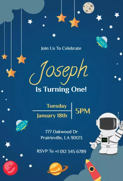 Outer Space Astronaut Themed Birthday Celebration Invitation Template