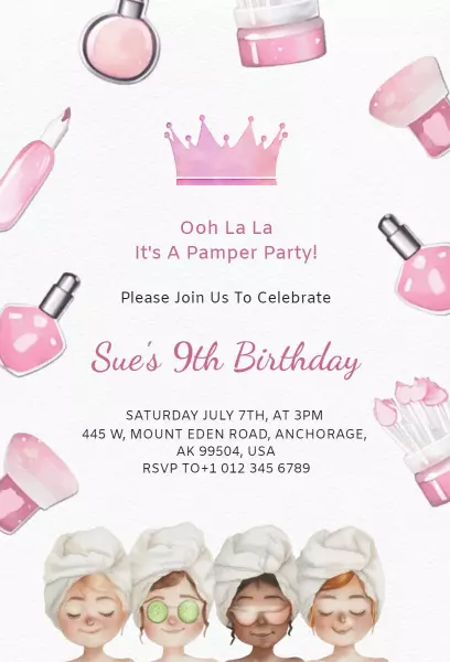 Pampering Spa Themed Kids Birthday Party Invitation Template