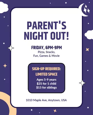 Playful Purple Parent's Night Out Activities Flyer Template