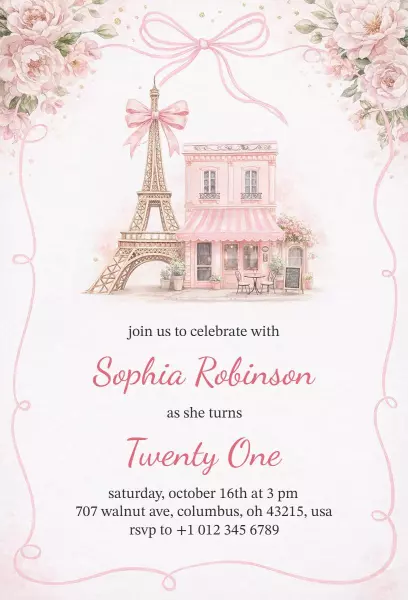 Parisian Floral 21st Birthday Celebration Invitation Template