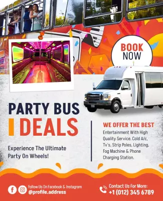 Vibrant Party Bus Experience Promotional Deals Flyer Template