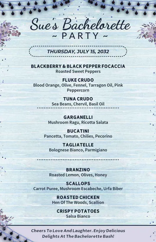 Pastel Blue and Lavender Leaves Bachelorette Menu Template