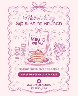 Pastel Pink Mother's Day Sip and Paint Brunch Flyer Template