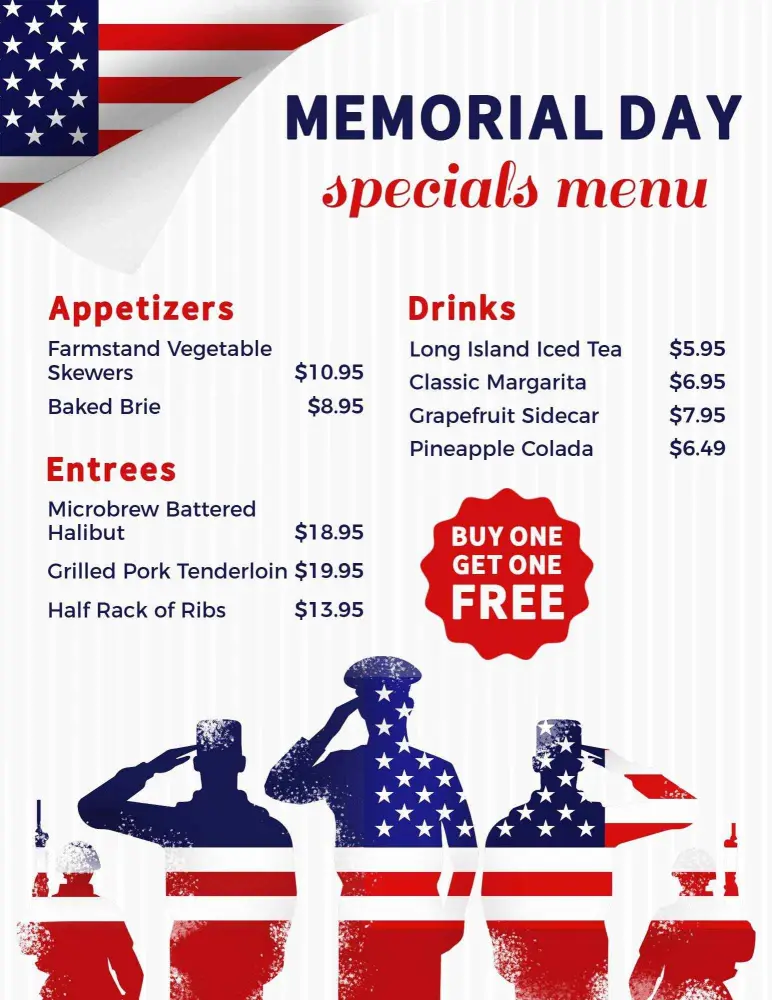 Patriotic Appetizer and Entree Selections for Celebration Memorial Day Menu Template