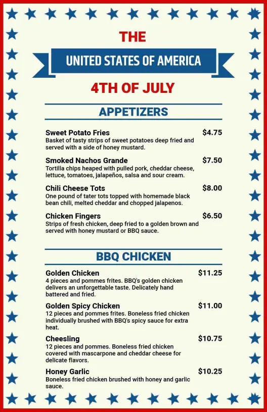 Patriotic BBQ Favorites and Festive Appetizers 4th of July Menu Template