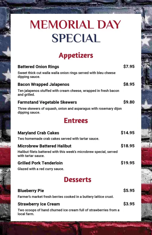 Patriotic BBQ Favorites and Festive Dishes Memorial Day Menu Template