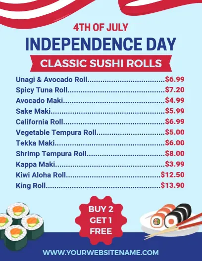 Patriotic Classic Sushi Rolls for Independence Celebration Menu Template