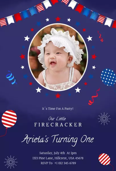 Patriotic Firecracker First Birthday Celebration Invitation Template