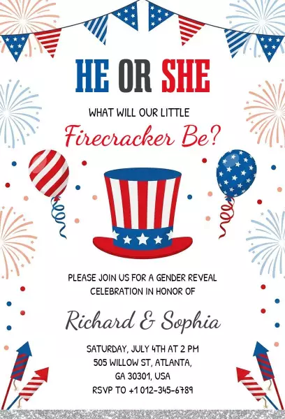 Patriotic Gender Reveal Firecracker Celebration Invitation Template