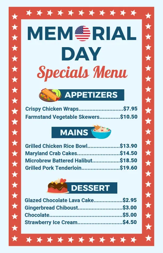Patriotic Grilled and Delicious Summer Favorites Memorial Day Menu Template