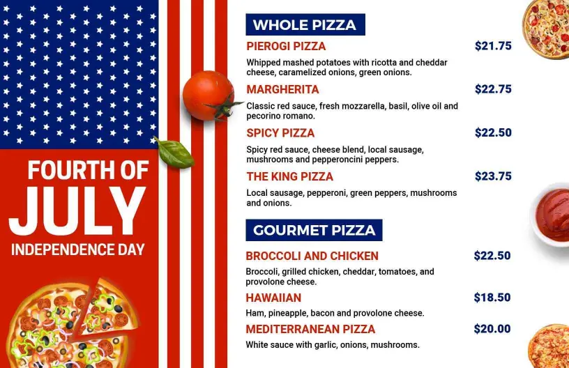 Patriotic Pizza Selections for Celebrating 4th of July Menu Template