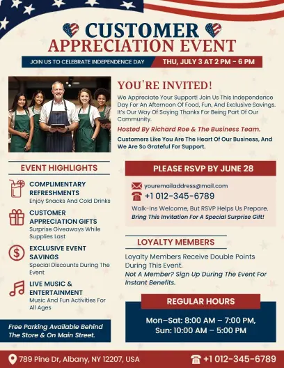 Patriotic Red White Blue Independence Day Appreciation Flyer Template