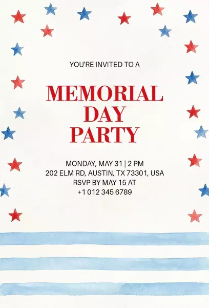 Patriotic Red White Blue Memorial Day Celebration Invitation Template