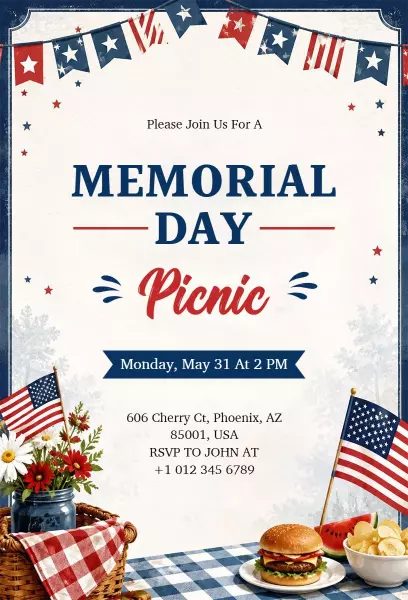 Patriotic Red White Blue Memorial Day Picnic Invitation Template