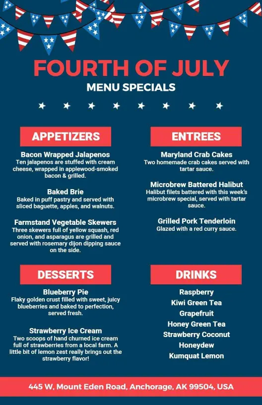 Patriotic Treats and Festive BBQ Dishes for Celebration Menu Template