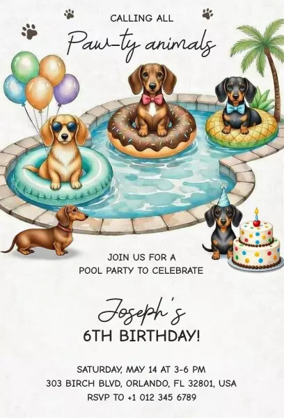 Paw-ty Animals Pool Party Dog Birthday Celebration Invitation Template