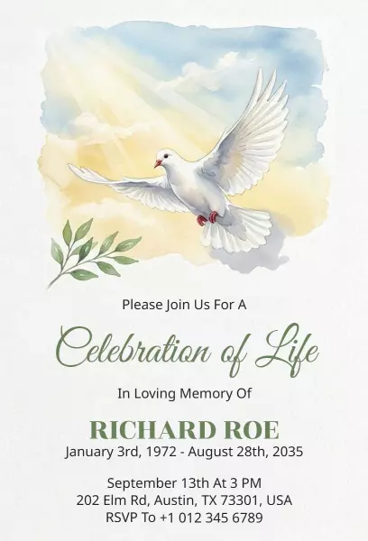 Peaceful Dove Inspired Celebration Of Life Invitation Template
