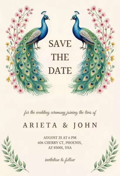 Peacock Elegance Save The Date Wedding Invitation Template