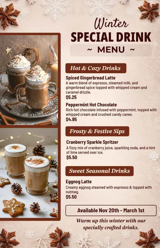 Peppermint Chocolate Winter Specials Drink Menu Template