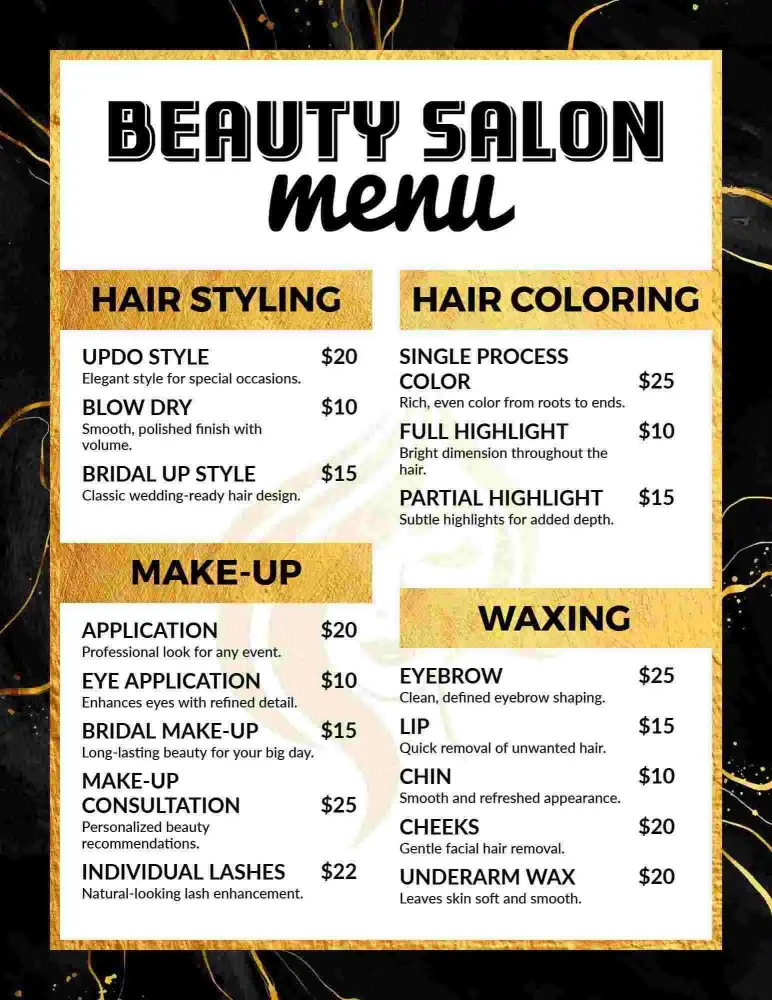 Personalized Styling and Coloring Options Beauty Salon Menu Template