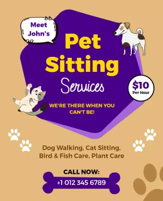 Playful Purple Pet Sitting Services with Cute Animals Flyer Template