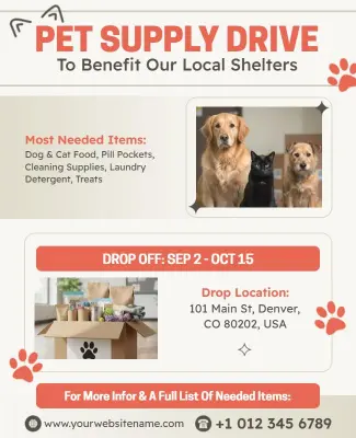 Pet Supply Drive Benefit for Local Shelters Flyer Template