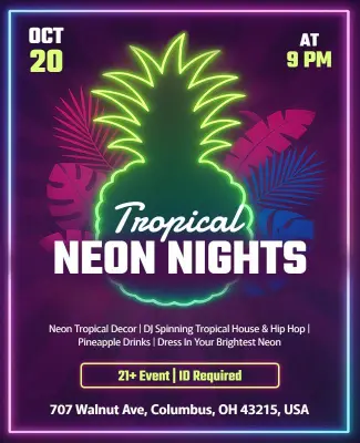 Pineapple Decor Tropical Neon Night Party Event Flyer Template