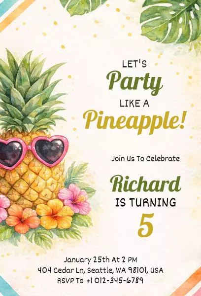 Pineapple Themed Tropical Birthday Celebration Invitation Template