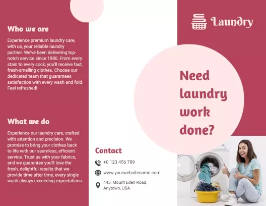Pink and White Premium Laundry Services Care Brochure Template